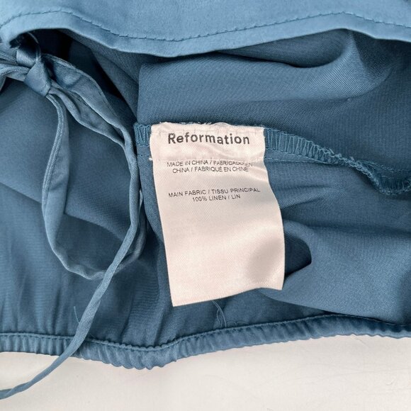 Reformation Long Sleeve Crop Top Size 4 Blue Ruched V-Neck Linen Blouse - Picture 8 of 9